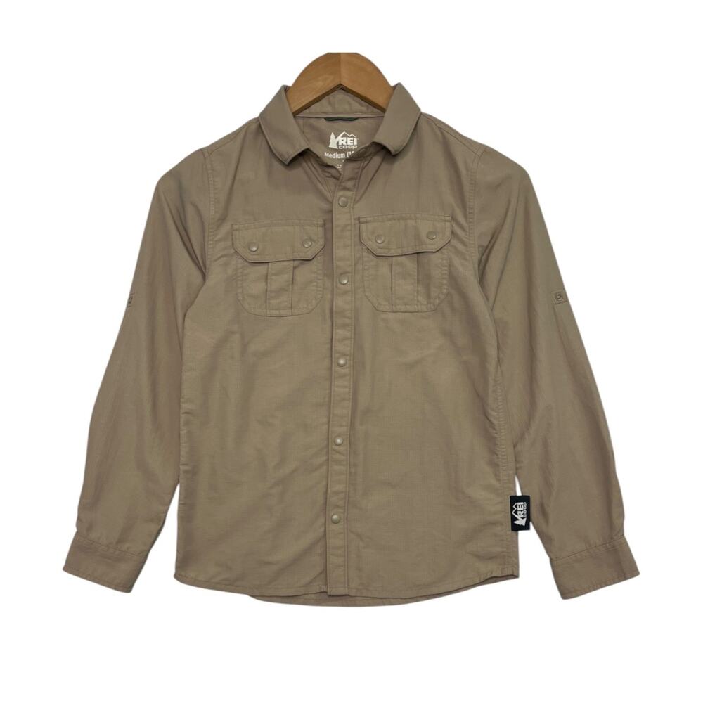REI Co Op Shirt Boys Medium 10 12 Tan Khaki Ripstop Button Up Hiking Outdoor